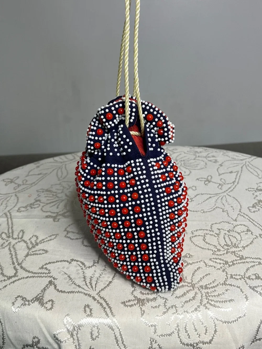 Vintage 1960s Beaded Drawstring Bag, fully reversible
